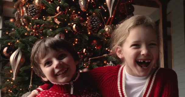 Küçük kardeşler Noel arifesinde aileleriyle görüntülü konuşma yapmaktan hoşlanırlar. — Stok video