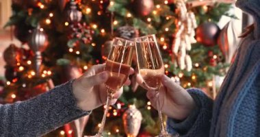 Kadın ve erkek kadeh tokuşturarak Noel 'in yakın görüntüsünü kutluyorlar.