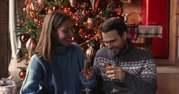 Сміється пара тримає шампанські окуляри, розмовляючи святкувати Різдво — стокове відео