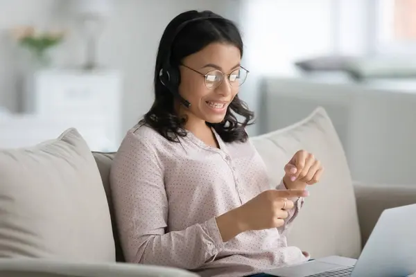 African American woman worker in headphones talk on video call — Stock Photo, Image