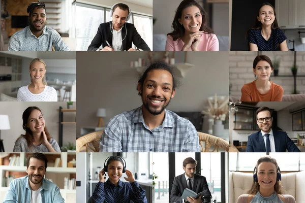 Head shot screen view diverse colleagues group brainstorming online — Stock Photo, Image