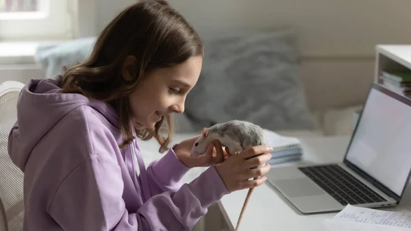 Loving teen girl play with domesticated mouse — Stock Photo, Image