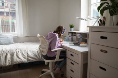 Akıllı genç kız evde bilgisayar çalışıyor.