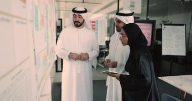 Genç Arap Müslüman profesyonellerden oluşan bir iş ekibi kargaşa yönetim yöntemini tartışıyor, süreci başlatıyor ve tamamlıyor, yapışkan notlara işaret ediyor, tahtanın başında birlikte duruyor, konuşuyor