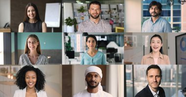 Bir grup hırslı, çok kültürlü iş adamı, iş yerinde kameraya poz veren personel, şirketteki kariyerden, tanıtımdan, fırsatlardan, video uygulaması kolajından memnuniyet duyan kişiler.