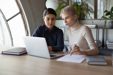 Şirket danışmanı eğitim stajyeri. Müdür yeni çalışana ders veriyor. Çeşitli iş arkadaşları, ofiste dizüstü bilgisayarda oturuyorlar, konuşuyorlar, proje tartışıyorlar, video görüşmesi yapıyorlar ya da online röportaj yapıyorlar. Takım çalışması.