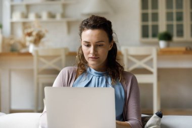 Dizüstü bilgisayar kullanan, oturma odasındaki kanepede oturan ciddi bir milenyum kadını. Uzaktan çalışan, serbest çalışan, profesyonel, bilgisayar başında çalışan, internetten sohbet eden, webinar izleyen...