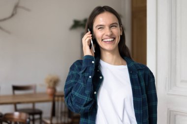 Sıradan ağ kurma. Mutlu, gülümseyen kız üniversite öğrencisi rahat bir sınıfta ya da ortak çalışma alanında telefonla konuşuyor başarılı olmayı öğrenme konusunu tartışıyor ve arkadaşınla hoş sohbetler ediyor. Boşluğu kopyala