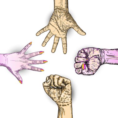 Çok ırklı yumruklarını Kaldır ellerini. Kavram Evet yapabilirsin, birlik, devrim, kavga, işbirliği. Mürekkep tasarım. Ekip çalışması, metin için yer ile yaratıcı sembolü. Vektör.