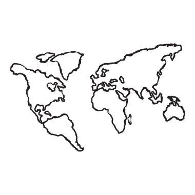 Dünya harita dünya çizgi el kroki çizim doodle. Vektör.