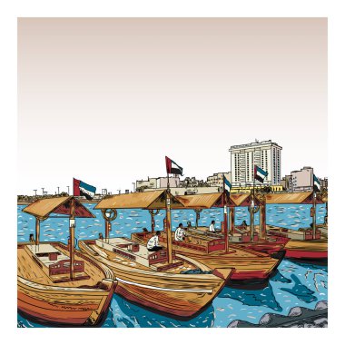 Bay Creek, Dubai, Birleşik Arap Emirlikleri, BAE eski geleneksel tekneler. Elle çizilmiş kroki. Piers geleneksel su Deira alanında taksi. Ünlü Turizm. Vektör.