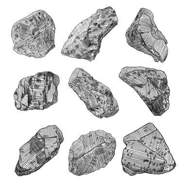 Taş çizilmiş stil ver. Farklı kayalar büyük kümesi. Resimli kırık ve hasar görmüş taşlar moloz mimari tasarım koleksiyonu. Altın külçe veya prill. Vektör.