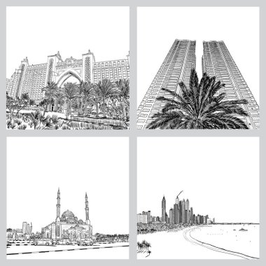 Marina ve Dubai Uae silüetini taslağını kümesi. Binalar okyanus ve plaj, lüks otel ve Camii ile kıyısında. Vektör.