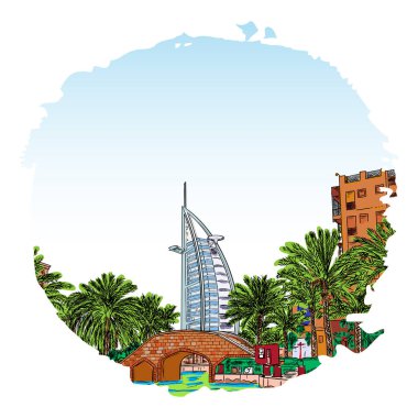 Burj Al Arab, Araplar, Dubai, Birleşik Arap Emirlikleri'nde lüks otel kulesi. El sıçraması ile çizilmiş suluboya kroki. Jumeirah Plajı önünde yapay ada üzerine kurulmuş. Vektör.
