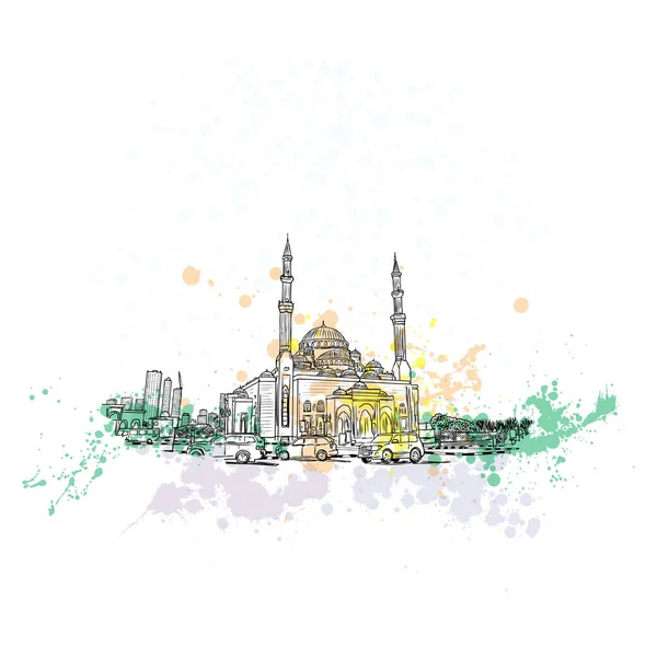 ドバイ地区 モスクは手描きのスケッチ水彩水しぶきとアラブ首長国連邦の高層ビルです イラスト ベクター — ストックベクタ