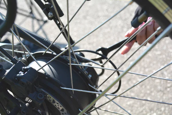 Las Mujeres Está Arreglando Bicicleta Eléctrica Parque Día Verano Mujer — Foto de Stock