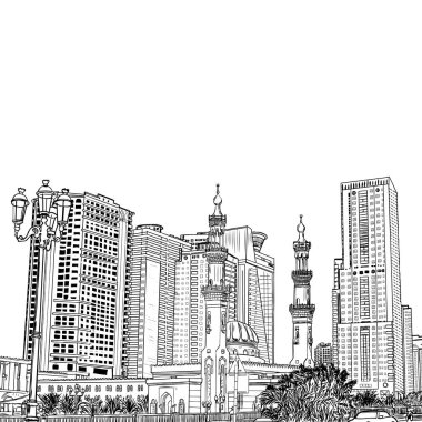 El ile gökdelenler bölgesinde Dubai Marina, Birleşik Arap Emirlikleri için çizilmiş kroki Camii. İllüstrasyon, vektör. 