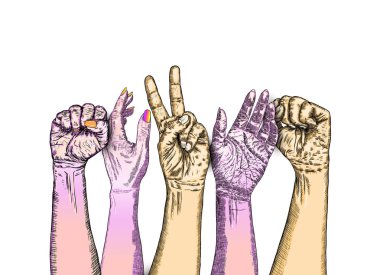 Beş yumruğu protesto beyaz arka plan üzerinde büyüdü. Mürekkep stili poster. Protesto, güç, özgürlük, devrim, asi, isyan kavramı. Vektör.