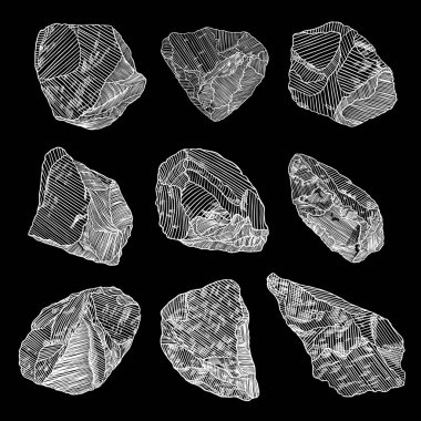 Taş çizilmiş stil ver. Farklı kayalar büyük kümesi. Resimli kırık ve hasar görmüş taşlar moloz mimari tasarım koleksiyonu. Altın külçe veya prill. Vektör.