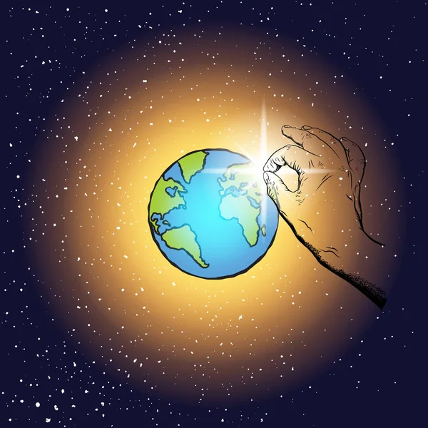 上帝的手把他的儿子送到地球上是为了爱人民 晨星代表婴儿耶稣 圣诞故事插图 行星和婴孩耶稣在深蓝色背景被星环绕 — 图库矢量图片
