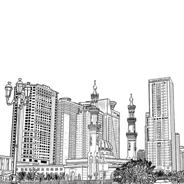 在阿联酋的迪拜滨海区 用摩天大楼绘制清真寺的手绘草图 — 图库矢量图片