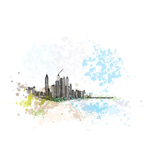 媒体城市和海滩海岸与豪华游艇和沙滩在阿拉伯联合酋长国 单轨电车从窗口在迪拜码头棕榈树的摩天大楼的景观水彩画素描 — 图库矢量图片