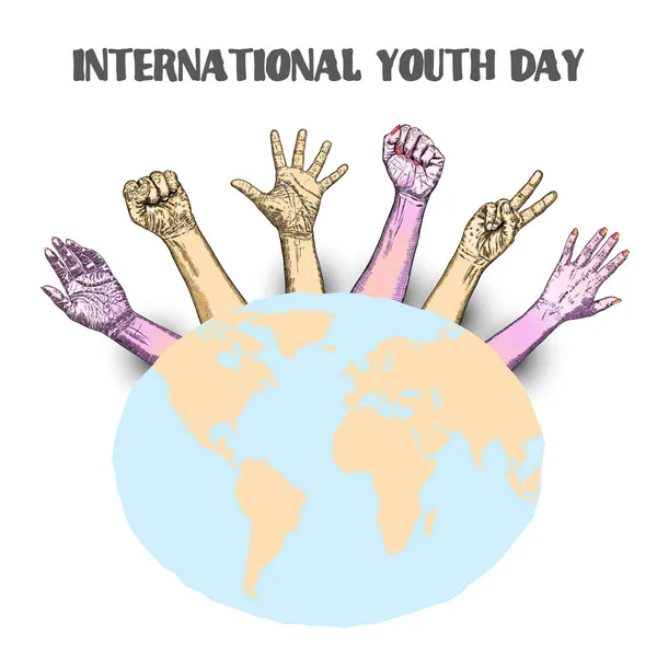 国際ユースデー こくさいユースデー International Youth Day 国際連合によって定められた意識の日 若者を取り巻く文化的 法的問題を目的としています 毎年8月12日に行われる ベクトル — ストックベクタ