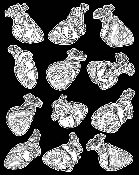 Set Cuori Umani Bianchi Neri Stile Disegnato Mano Tatuaggio Anatomico — Vettoriale Stock