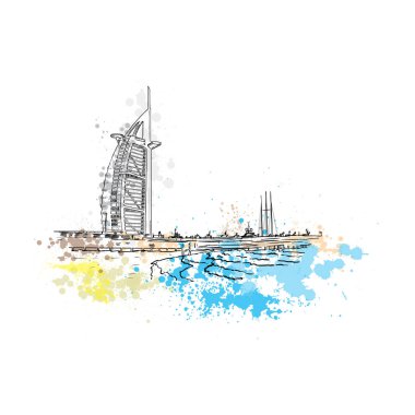 El sıçraması ile çizilmiş suluboya kroki. Burj Al Arab, Araplar, Dubai, Birleşik Arap Emirlikleri'nde lüks otel kulesi. Jumeirah Plajı önünde yapay ada üzerine kurulmuş. Vektör.