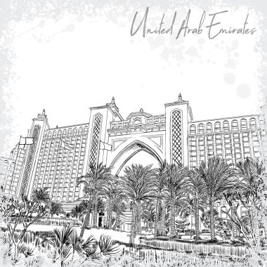 Atlantis The Palm Jumeirah Palm Birleşik Arap Emirlikleri bulunan bir lüks otel tesistir. Dünya ünlü otel Dubai. Elle çizilmiş kroki. Vektör.