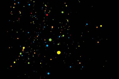 Birçok küçük düşme ile siyah arka plan yuvarlak rasgele konfeti, glitter ve serpantin parçalar darbe ve koyu arka plan üzerine püskürtülür. İzole.