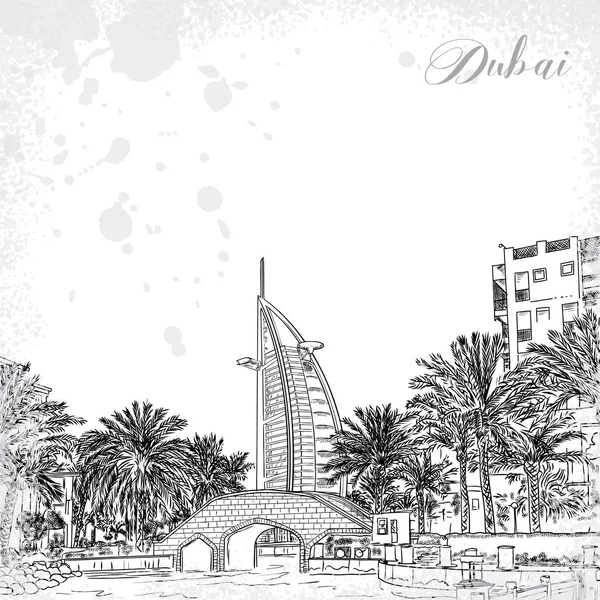 阿拉伯塔 阿拉伯人大厦 豪华酒店坐落在迪拜 阿拉伯联合酋长国 手绘素描 5星级酒店建在一个人造岛前的朱美拉海滩矢量 — 图库矢量图片