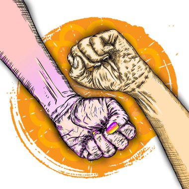 Çok ırklı yumruklarını Kaldır ellerini. Kavram Evet yapabilirsin, birlik, devrim, kavga, işbirliği. Mürekkep tasarım. Ekip çalışması, metin için yer ile yaratıcı sembolü. Vektör.