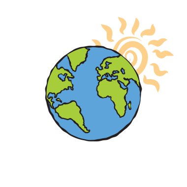 Güneş ile dünya illüstrasyon karikatür simgesi. Mavi ve yeşil renkli el çizilmiş resim amblemi. Kroki dövme sanat doodle tarzı. Vektör.