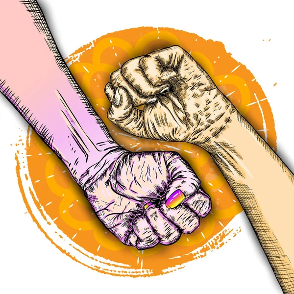 Çok ırklı yumruklarını Kaldır ellerini. Kavram Evet yapabilirsin, birlik, devrim, kavga, işbirliği. Mürekkep tasarım. Ekip çalışması, metin için yer ile yaratıcı sembolü. Vektör.