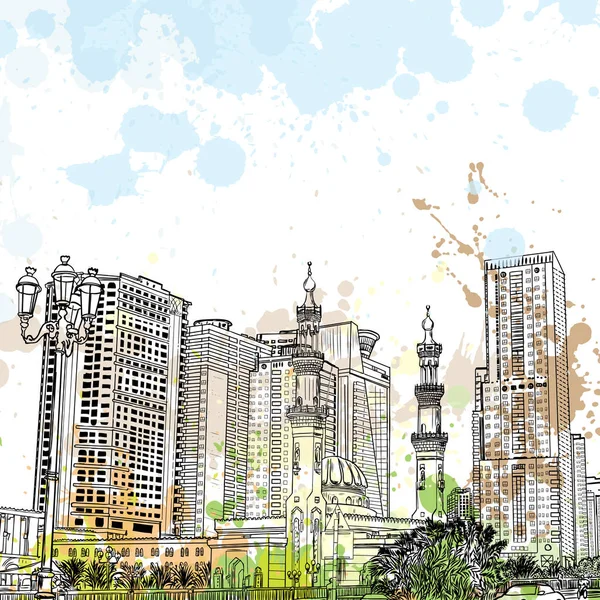 Dubai District Moskee Hand Getrokken Schets Met Aquarel Spatten Wolkenkrabbers — Stockvector