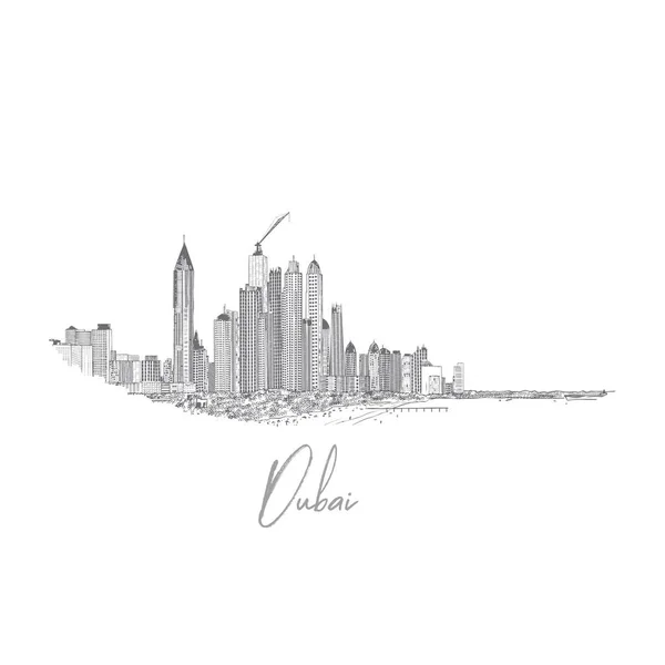 Handgezeichnete Skizze Von Marina Dubai Uae Stadt Und Strandküste Mit — Stockvektor