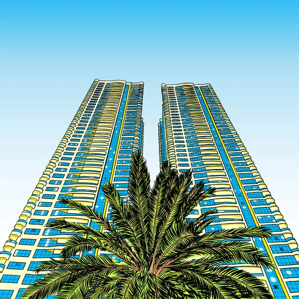 手绘草图的迪拜豪华酒店或高层建筑摩天大楼与手掌从下面 — 图库矢量图片