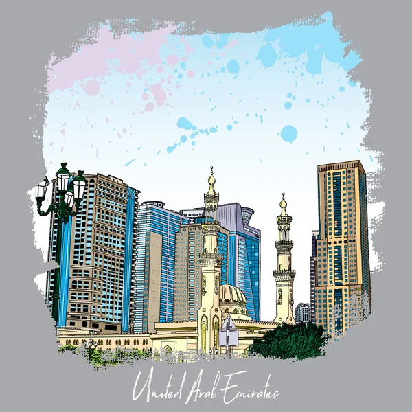Dzielnica Dubai Marina Meczet Ręcznie Rysowane Szkic Akwarela Odpryskami Wieżowce — Wektor stockowy