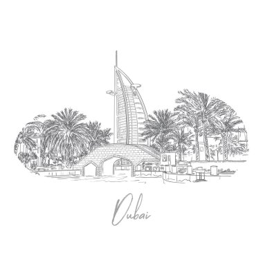 Burj Al Arab, Araplar, Dubai, Birleşik Arap Emirlikleri'nde lüks otel kulesi. Elle çizilmiş kroki. 5 yıldız otel Jumeirah beach vektör önünde yapay bir adada inşa.