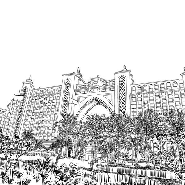 アトランティス パームは ジュメイラ パーム アメリカ アラブ首長国連邦に位置する高級ホテルです ドバイの世界の有名なホテル 手描きのスケッチ ベクトル — ストックベクタ
