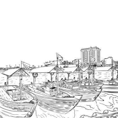 Bay Creek, Dubai, Birleşik Arap Emirlikleri, BAE eski geleneksel tekneler. Elle çizilmiş kroki. Piers geleneksel su Deira alanında taksi. Ünlü Turizm. Vektör.