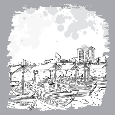 Bay Creek, Dubai, Birleşik Arap Emirlikleri, BAE eski geleneksel tekneler. Elle çizilmiş kroki. Piers geleneksel su Deira alanında taksi. Ünlü Turizm. Vektör.