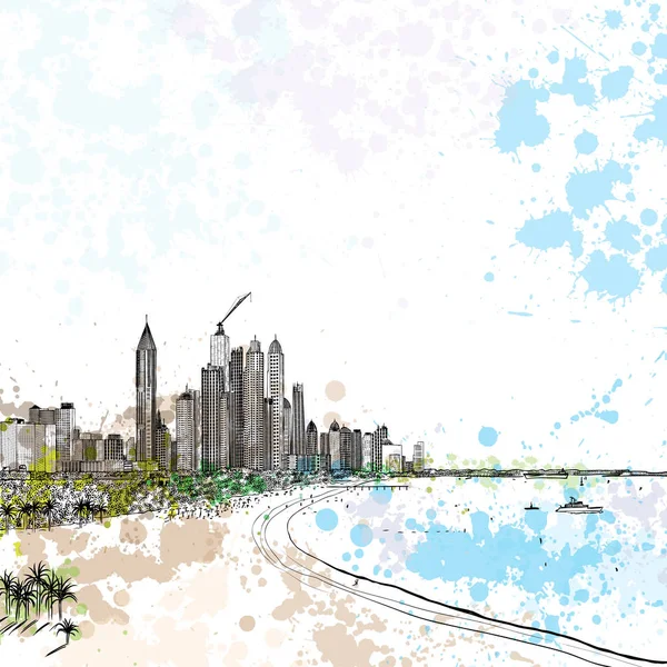 Media City Pláže Pobřeží Luxusní Jachty Písečné Pláže Spojených Arabských — Stockový vektor
