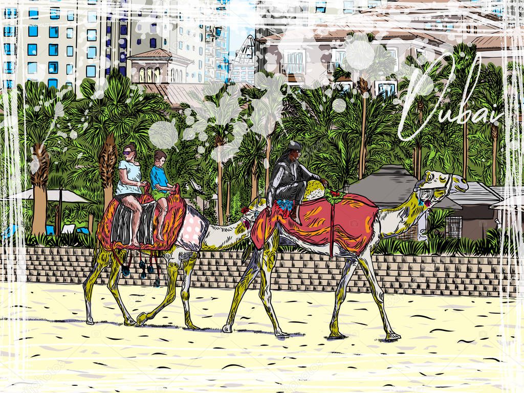 The camels with tourist attraction on Jumeirah beach and skyscrapers in the backround in Dubai, United Arab Emirates.  Hand drawn watercolor sketch with splashes. Vector.