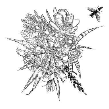 Egzotik buket böcekler ve uçan böcekler ile ayarla. Çiçekler. Çiçek koleksiyonu ile çeşitli bitkilerin. Sansevieria, yılan bitki, kırmızı zencefil, devekuşu plume, pembe koni, papatya, gül. Elle çizilmiş. Vektör.