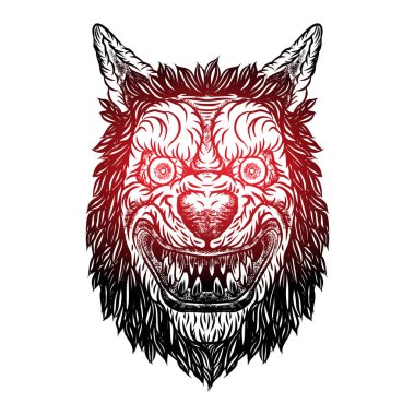 Kızgın kurnaz kurt maskot kafa gülümseyerek. Beyaz izole kurt adam siyahişi tattoo flash kavramı. Kurt yüzü kırmızı gözleri çizim ile ayrıntılı. Vektör.