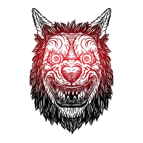 Cabeza Mascota Lobo Sonriente Enojado Astuto Hombre Lobo Blackwork Tatuaje — Vector de stock