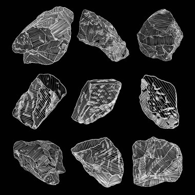 Altın rock veya nugget ayarlayın. Prill moloz taşlar. Sihirli kristaller farklı formları ve şekiller. Dünya büyülü kutsal öğeleri. Vektör.