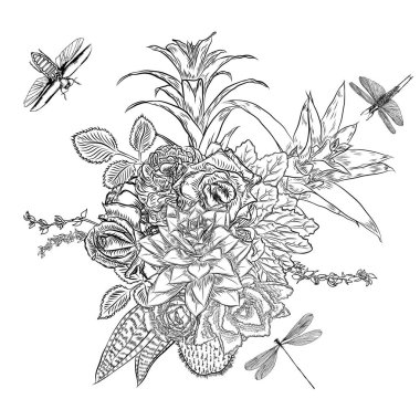 Egzotik buket böcekler ve uçan böcekler ile ayarla. Çiçekler. Çiçek koleksiyonu ile çeşitli bitkilerin. Sansevieria, yılan bitki, kırmızı zencefil, devekuşu plume, pembe koni, papatya, gül. Elle çizilmiş. Vektör.